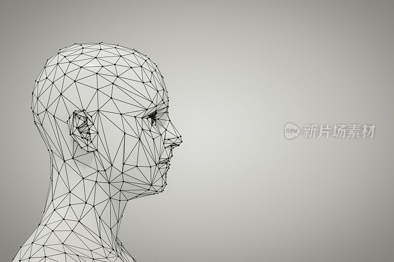 3D Wired Shape Cyborg Head，人工智能概念